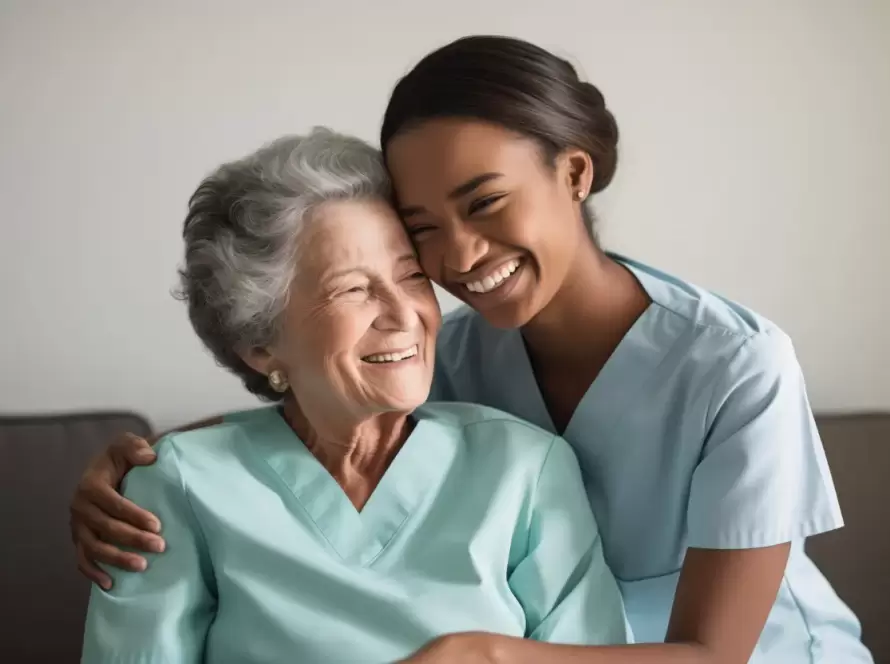 Mujer mayor y enfermera sonríen mientras se abrazan, transmitiendo calidez y cuidado en un ambiente acogedor. Ambas visten uniformes de color azul claro, reflejando la atención médica y el apoyo emocional.