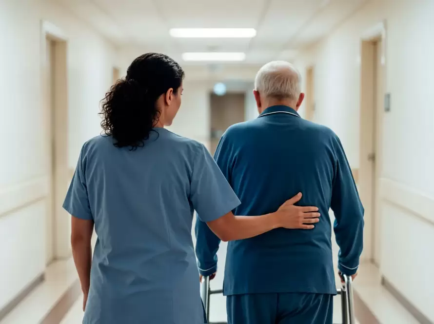 Mujer enfermera acompañando a un paciente mayor con un andador en el pasillo de un hospital, mostrando cuidado y apoyo en un entorno sanitario.