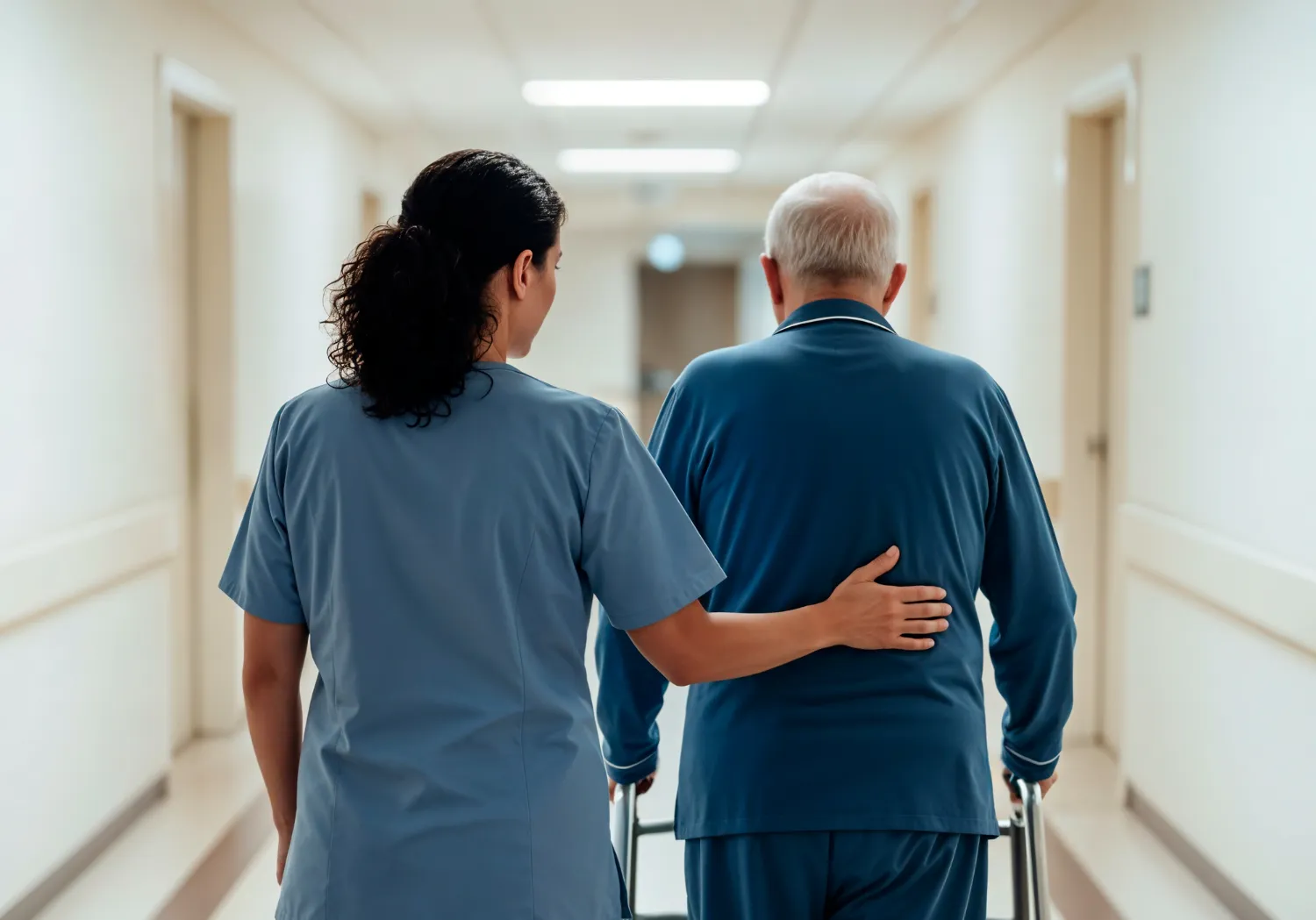 Mujer enfermera acompañando a un paciente mayor con un andador en el pasillo de un hospital, mostrando cuidado y apoyo en un entorno sanitario.