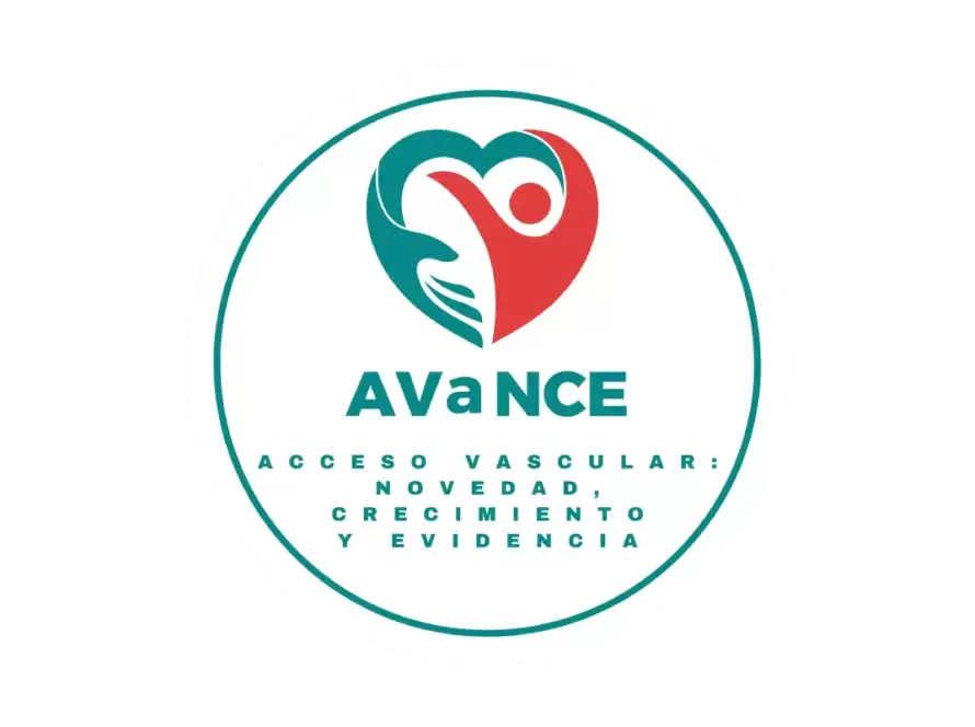 Logo de AVaNCE, que representa el acceso vascular con el lema "Novedad, crecimiento y evidencia". Diseño en forma de corazón con colores teal y rojo, simbolizando cuidado y salud.